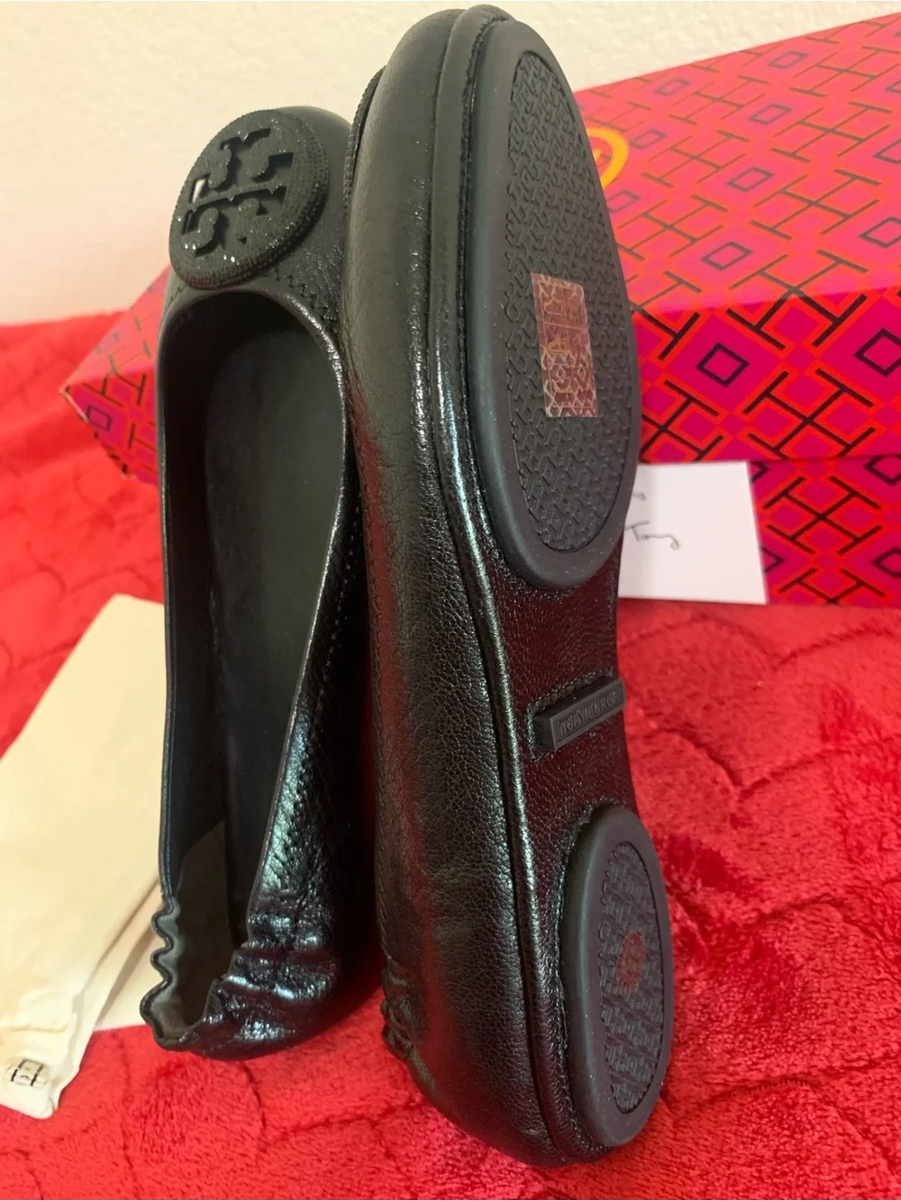 Tory Burch Black Leather Logo Ballet Flats